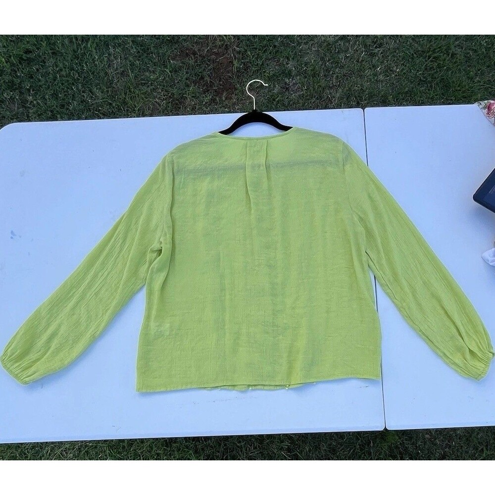 COUNTERPARTS LIME GREEN SIZE LARGE LONG SLEEVE BLOUSE with POM POM TRIM DETAILS - Picture 3 of 10